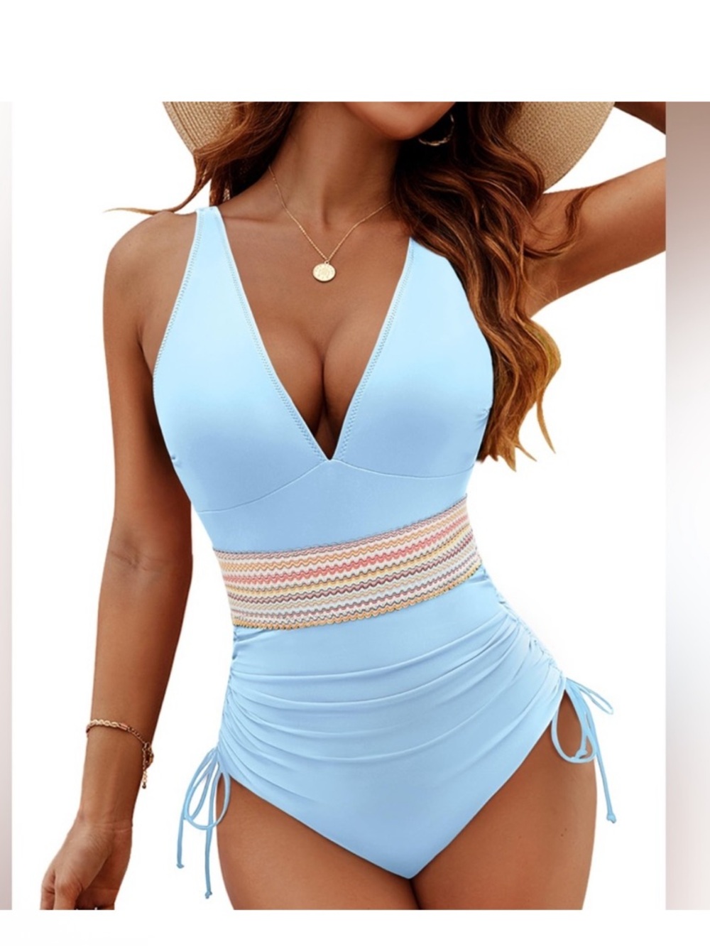 Blooming Jelly Light Blue Deep V Ruched One Piece Swimsuit NWT M